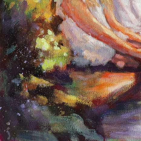 textured brushwork of green foliage and dappled light in oil paint.