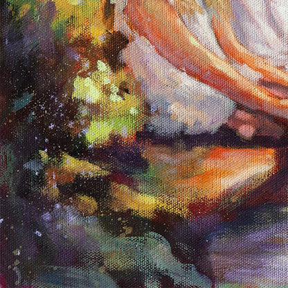 textured brushwork of green foliage and dappled light in oil paint.