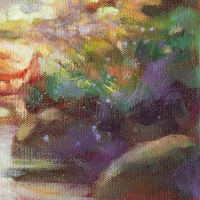 Detail of stones and leafy ground beneath the girls, oil painting.