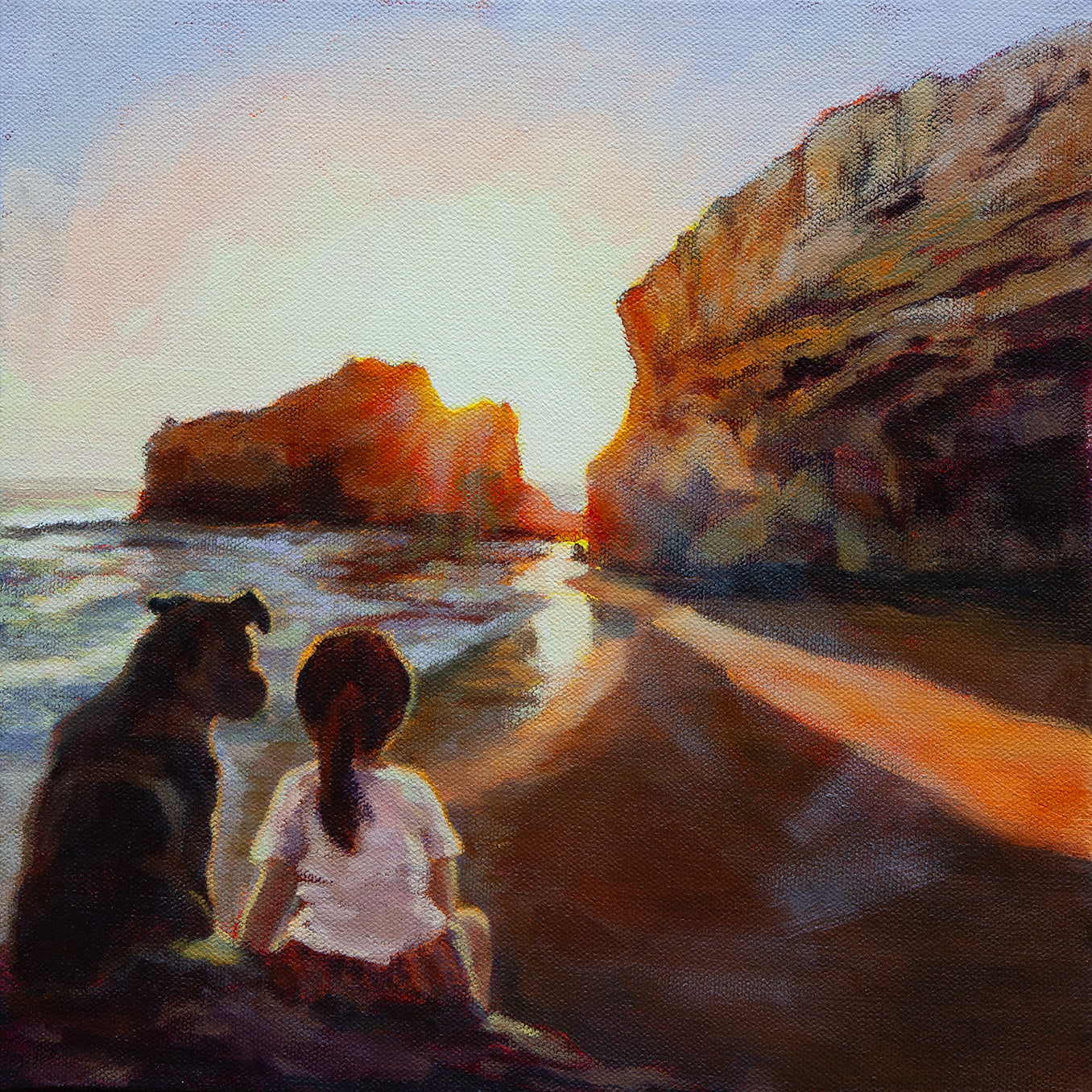 Oil painting of girl and dog sitting together on beach at sunset with reflective shoreline and coastal cliffs.