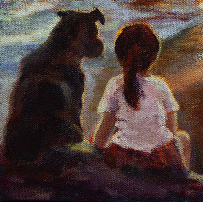 Detail of young girl and dog sitting side by side at water’s edge during sunset, oil on canvas.