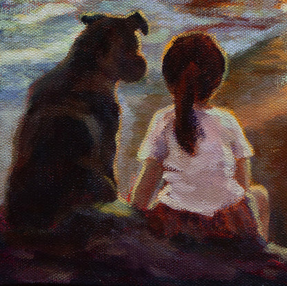 Detail of young girl and dog sitting side by side at water’s edge during sunset, oil on canvas.