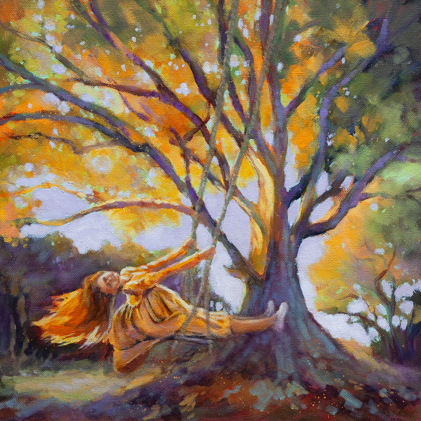 Oil painting of a child swinging from a tree under golden autumn leaves.