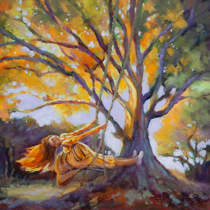 Oil painting of a child swinging from a tree under golden autumn leaves.