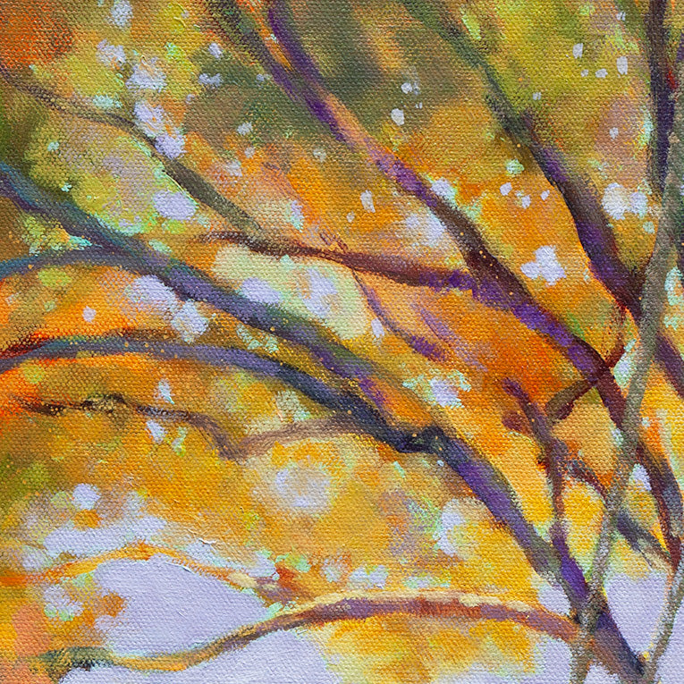 Golden and green leaves glowing in warm sunlight, oil painting detail.