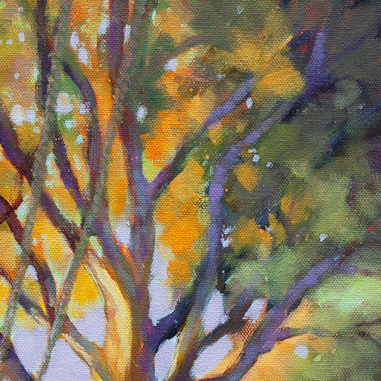 Close detail of colorful tree branches and dappled light in oil painting.
