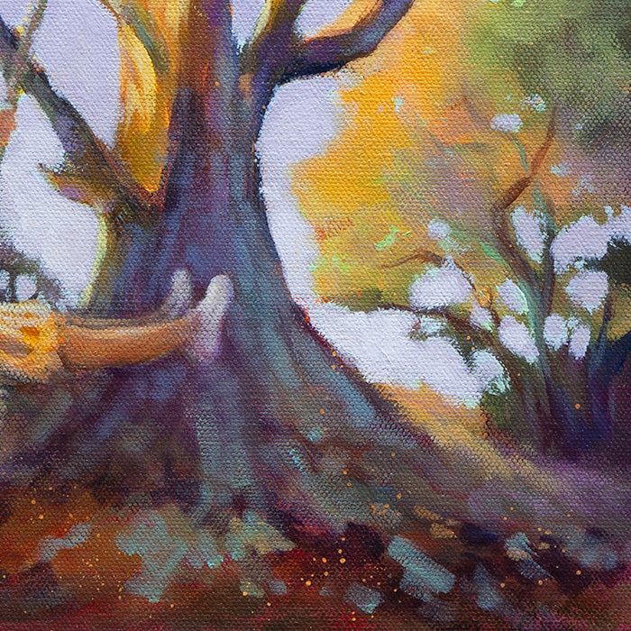 Textured tree trunk and roots with warm earthy tones in oil.