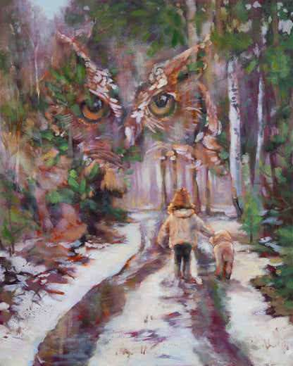 Original oil painting titled Going Home by Martina Goulart, depicting a child and dog walking along a snowy forest path, layered with the quiet presence of an owl and softened winter light, expressing belonging, trust, and a sense of being guided.