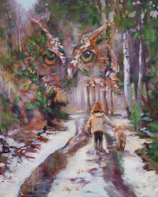Original oil painting titled Going Home by Martina Goulart, depicting a child and dog walking along a snowy forest path, layered with the quiet presence of an owl and softened winter light, expressing belonging, trust, and a sense of being guided.