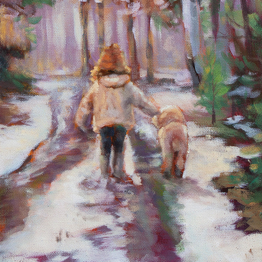 Close-up of Going Home oil painting showing a child and dog walking together through a winter forest, painted with soft brushstrokes and gentle light that evoke safety, companionship, and belonging.