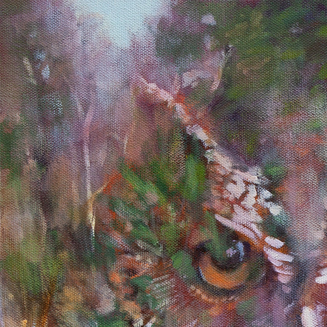 Detail of the owl’s eye layered into the forest in Going Home, an original oil painting, symbolizing watchfulness, protection, and the quiet awareness of nature.
