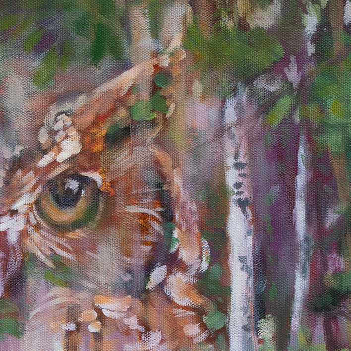 Close-up detail of the owl’s gaze emerging from trees in Going Home oil painting, blending animal presence with woodland textures to suggest guidance and trust.