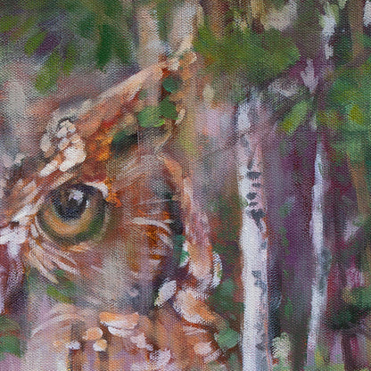 Close-up detail of the owl’s gaze emerging from trees in Going Home oil painting, blending animal presence with woodland textures to suggest guidance and trust.