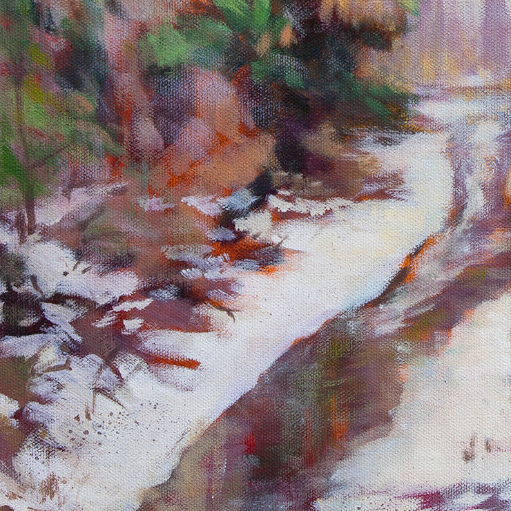 Detail of snowy forest path and soft winter light in Going Home oil painting, with muted colors and gentle shadows reflecting calm, familiarity, and a sense of safe passage.