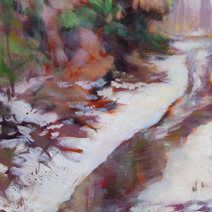 Detail of snowy forest path and soft winter light in Going Home oil painting, with muted colors and gentle shadows reflecting calm, familiarity, and a sense of safe passage.