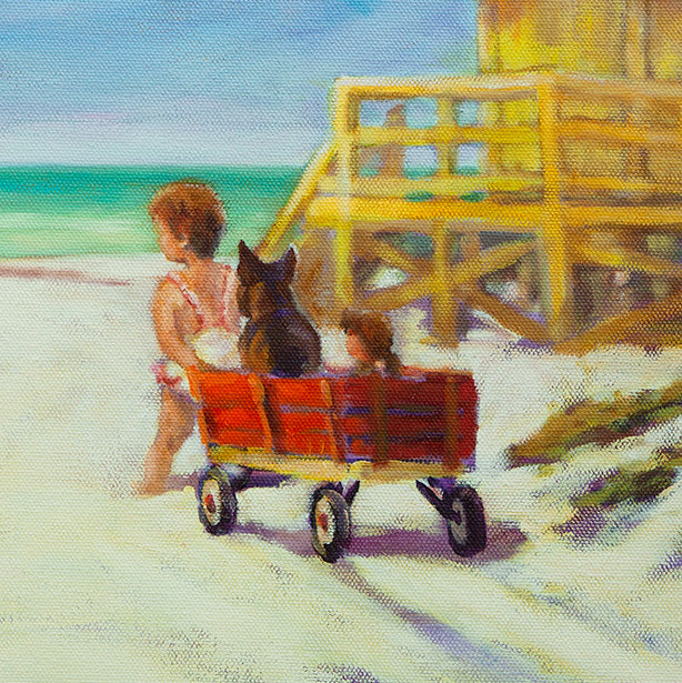 Close-up of a child pulling a red wagon along a sandy beach path in an original oil painting, capturing a quiet coastal moment filled with warmth, movement, and summer light.