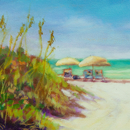 Detail of coastal dunes and beach umbrellas in a sunlit seaside oil painting, expressive brushstrokes showing wind, texture, and the relaxed rhythm of a beach day.