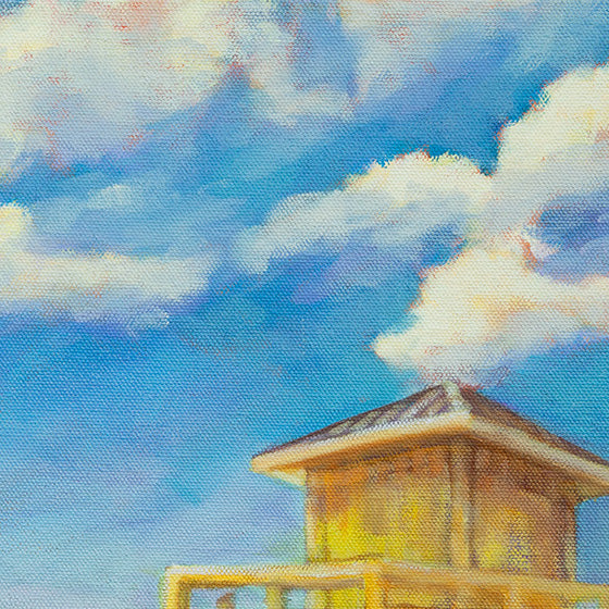 Painted detail of a yellow lifeguard tower beneath a bright blue sky with soft clouds, coastal fine art inspired by summer days, open space, and ocean air.