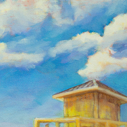 Painted detail of a yellow lifeguard tower beneath a bright blue sky with soft clouds, coastal fine art inspired by summer days, open space, and ocean air.