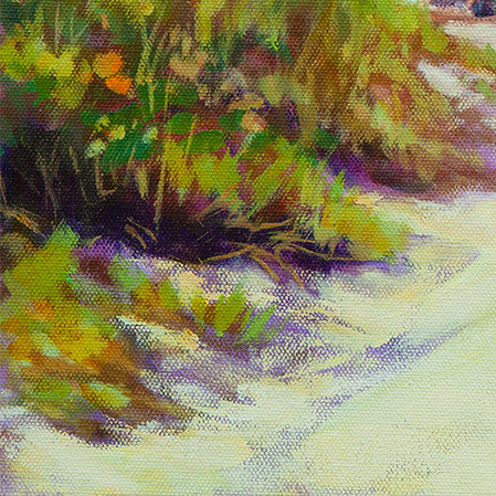 Close-up of beach grasses and sandy path in an original coastal oil painting, layered color and texture evoking movement, light, and the feeling of walking toward the shore.