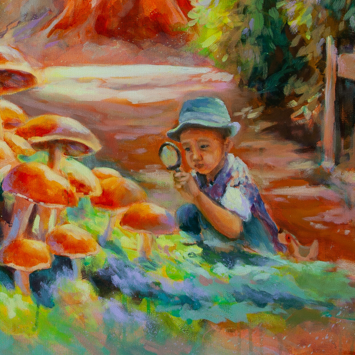 Close-up of boy looking at mushrooms on sunny forest path with warm browns, oranges, and greens from Beneath the Redwoods, Santa Cruz forest painting.