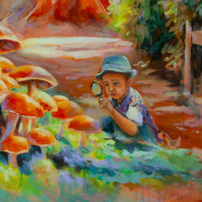 Close-up of boy looking at mushrooms on sunny forest path with warm browns, oranges, and greens from Beneath the Redwoods, Santa Cruz forest painting.
