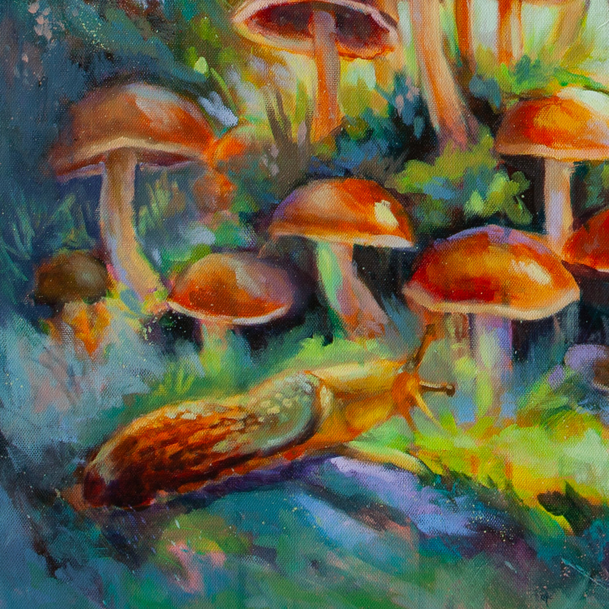 Detail of banana slug beside orange mushroom caps surrounded by soft greens from Beneath the Redwoods, Henry Cowell redwood artwork.