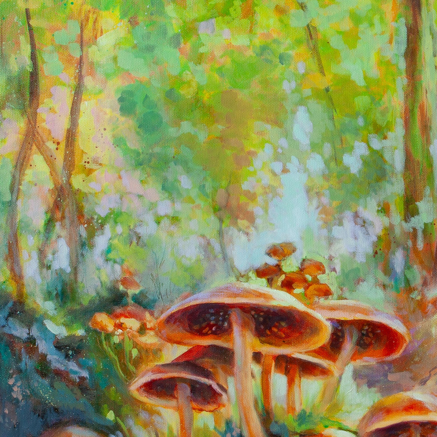 Close-up of mushroom tops against forest backdrop with green foliage and warm blue sky from Beneath the Redwoods, woodland painting.