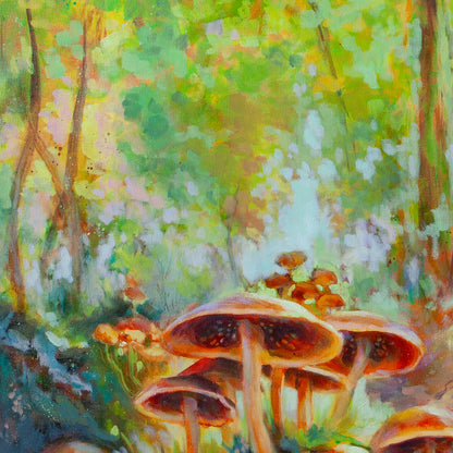 Close-up of mushroom tops against forest backdrop with green foliage and warm blue sky from Beneath the Redwoods, woodland painting.