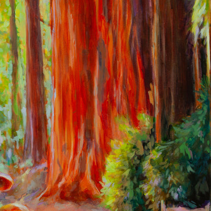 Detail of orange-brown redwood tree trunk with green bushes at the base from Beneath the Redwoods, California redwood forest painting.