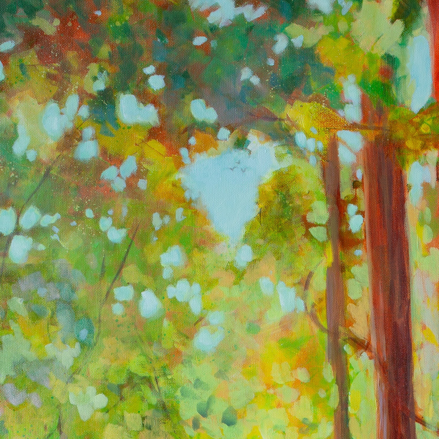 Close-up of green forest canopy with sky peeking through and two thin brown trunks from Beneath the Redwoods, forest landscape artwork.