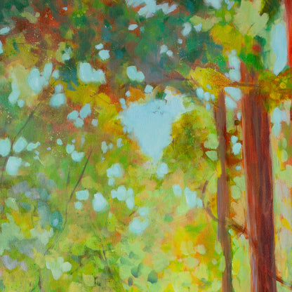 Close-up of green forest canopy with sky peeking through and two thin brown trunks from Beneath the Redwoods, forest landscape artwork.