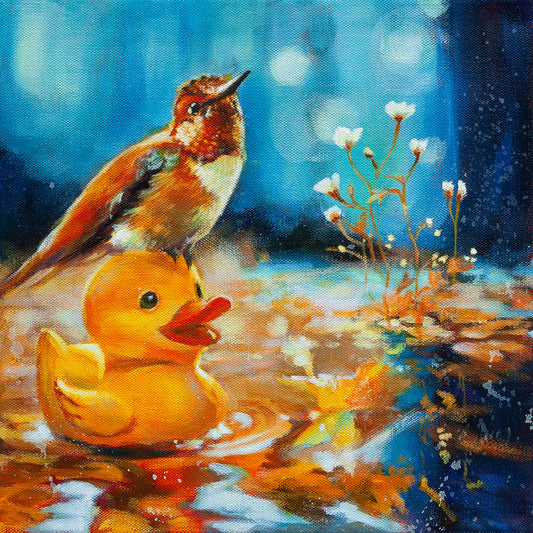 Close-up oil painting detail of an Allen’s hummingbird with orange chest and iridescent green feathers.