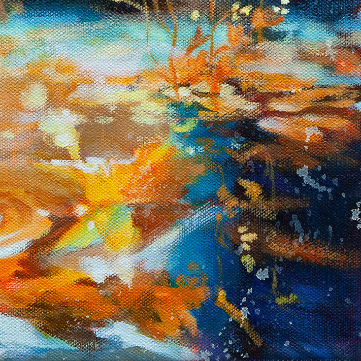 Detail of reflective water with layered brushstrokes in blue, orange, and gold tones.