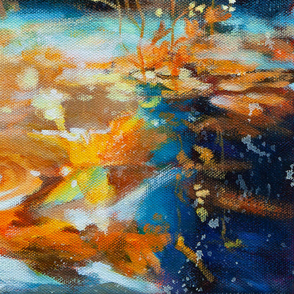 Detail of reflective water with layered brushstrokes in blue, orange, and gold tones.