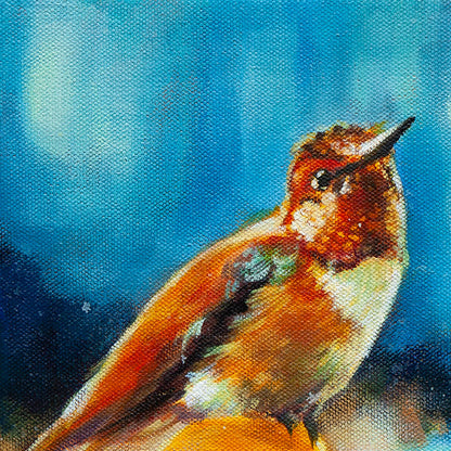 Close-up oil painting detail of an Allen’s hummingbird with orange chest and iridescent green feathers.