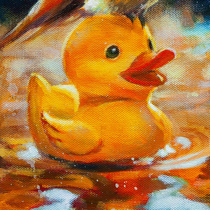 Close-up of bright yellow rubber duck floating in shallow water, painted in textured oil.