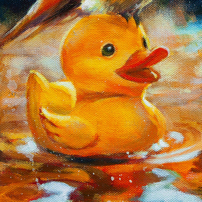Close-up of bright yellow rubber duck floating in shallow water, painted in textured oil.