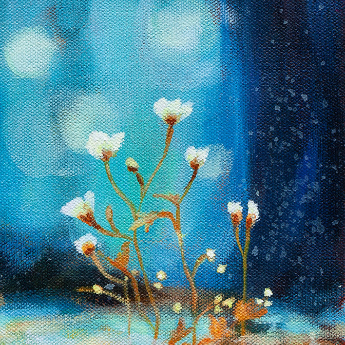 Oil painting detail of delicate white flowers and shoreline plants beside reflective water.