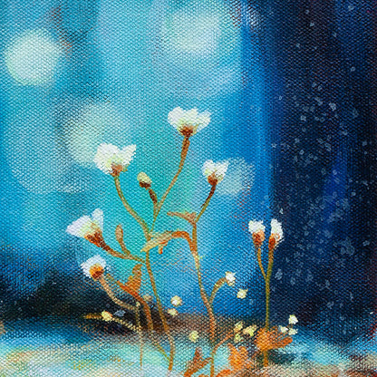 Oil painting detail of delicate white flowers and shoreline plants beside reflective water.