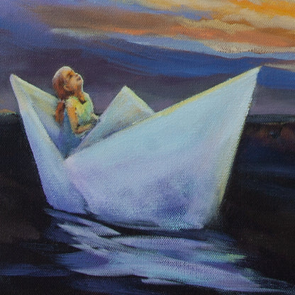 Close-up of a girl in a soft blue-purple paper boat with yellow edge highlights, blue dress, brown hair, reflection in dark water under sunset sky.
