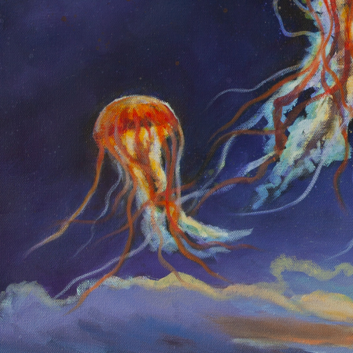 Detail of glowing yellow-red jellyfish floating in a dark blue sky with soft purple and orange clouds from Harbor of Wonders by Martina Goulart.