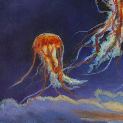Detail of glowing yellow-red jellyfish floating in a dark blue sky with soft purple and orange clouds from Harbor of Wonders by Martina Goulart.