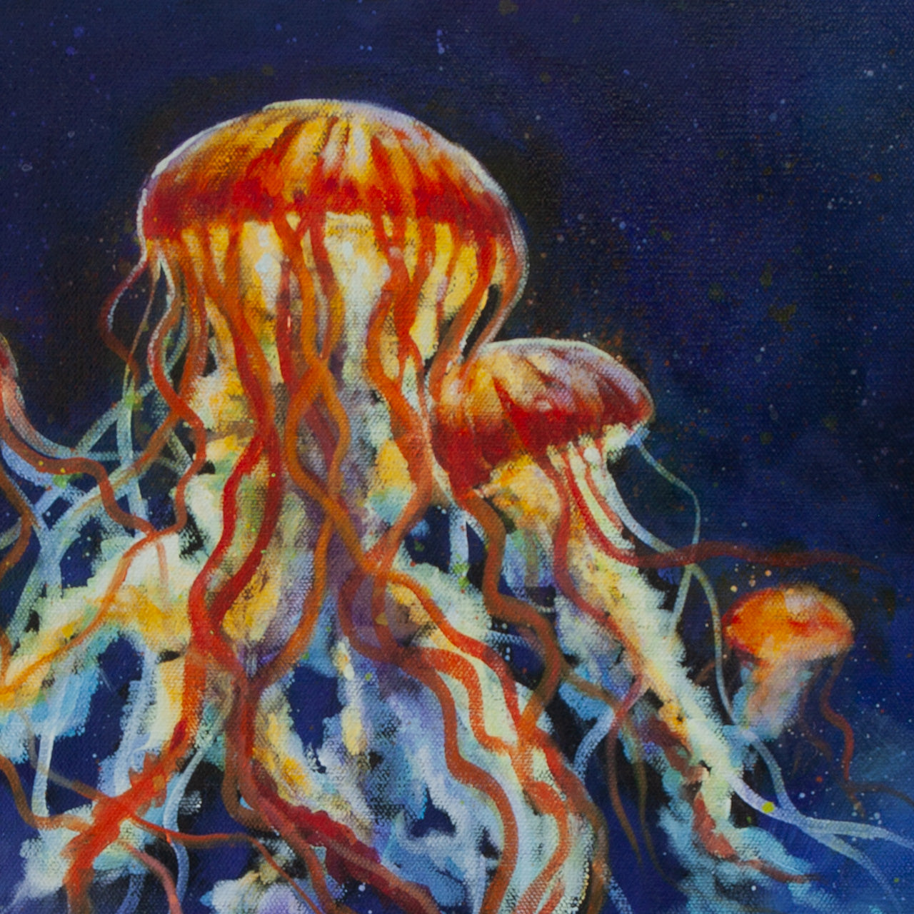 Close-up of red-orange jellyfish with detailed tentacle brushstrokes against dark blue-purple sky from Harbor of Wonders, coastal painting.