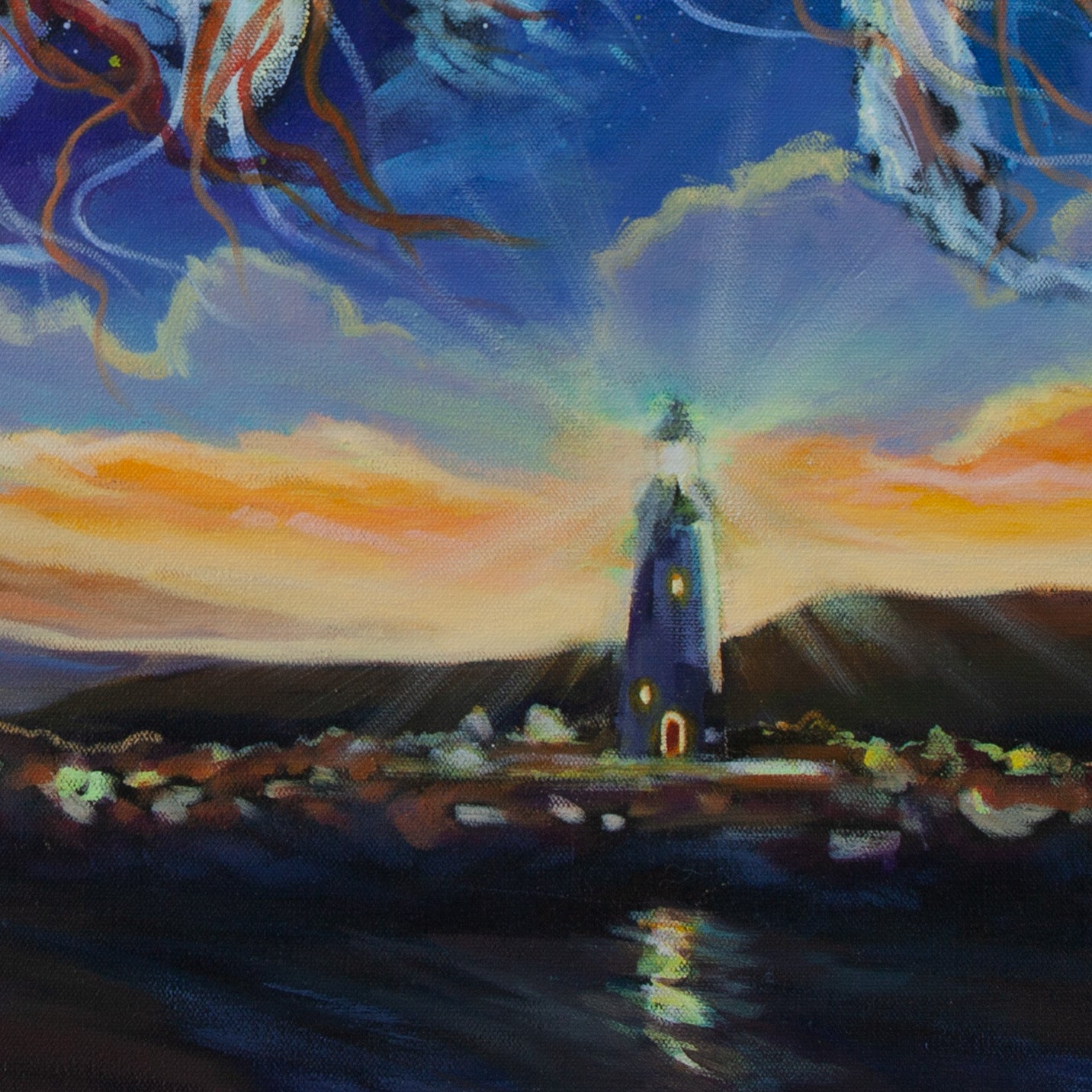 Detail of Walton’s Lighthouse shining over rocks and water with orange horizon glow and blue sky from Harbor of Wonders by Martina Goulart.