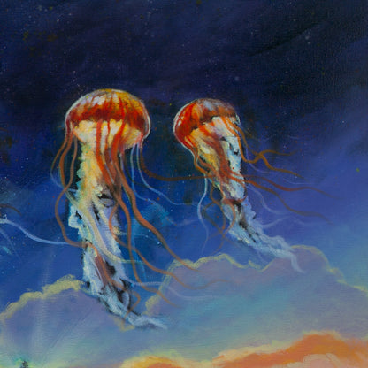 Close-up of two jellyfish glowing in blue sky with soft purple clouds, fine brushstroke detail from Harbor of Wonders, ocean art.