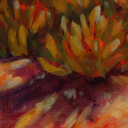 Detail of colorful coastal ice plants in greens, oranges, reds, and yellows from Ocean Scout, a Santa Cruz coastal dog painting.