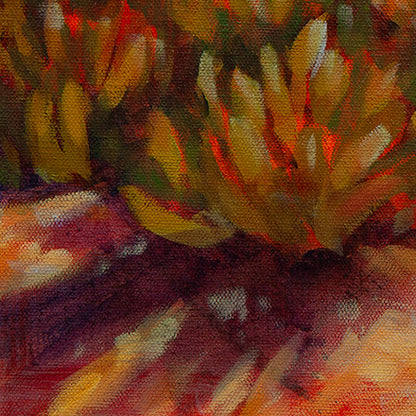 Detail of colorful coastal ice plants in greens, oranges, reds, and yellows from Ocean Scout, a Santa Cruz coastal dog painting.