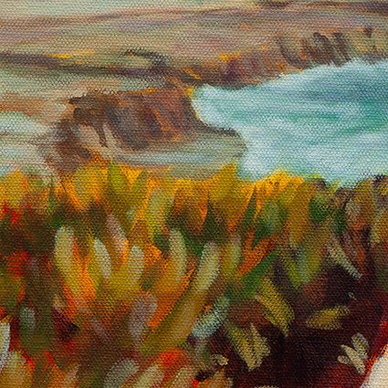 Close-up of yellow, green, and orange ice plants on a cliff above the ocean from Ocean Scout, coastal painting by Martina Goulart.