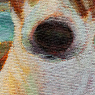 Detail of the dog’s nose with soft yellows, pinks, purples, and blues in the fur from the original painting Ocean Scout.